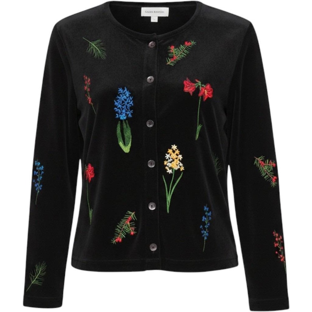 Susan Bristol Black Velvet Embroidered Floral Holiday Cardigan Top Womens Small